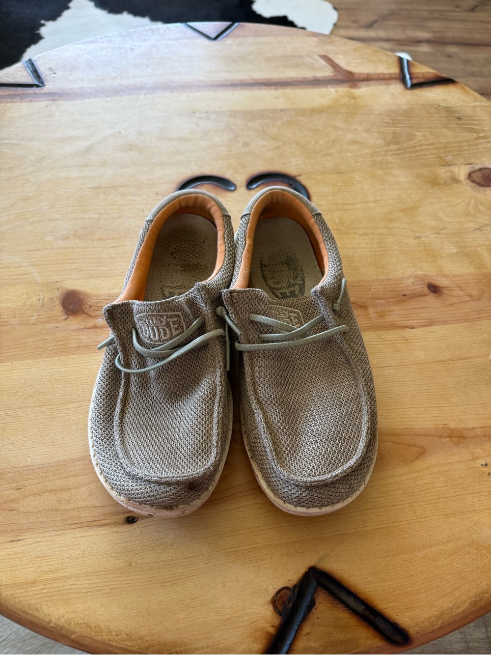 Hey Dude Tan Knit Slip-On Loafers with Orange Lining